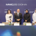 Her Excellency Reem Mohammed Al Mansoori (MCIT Qatar), Khalid Aljumaily (MCIT Qatar), John Hoffman (GSMA Ltd.), and Lara Dewar (GSMA) announce MWC25 Doha updates at DECC.
