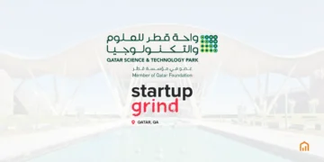 Logos of Qatar Science & Technology Park and Startup Grind Doha with QSTP campus in the background